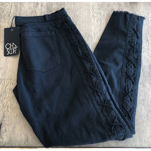 Chaser Canvas Utility Frayed Hem Lace-up Detail Black Pants - M - Picture 2 of 7